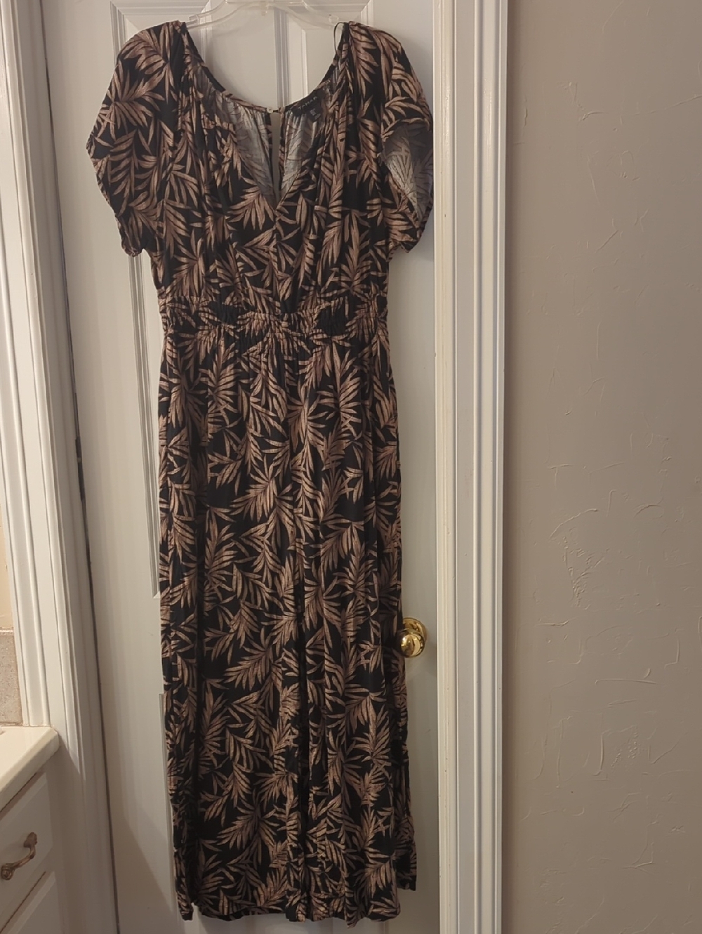 Tahari Black Jumpsuit with Tan Leaf Print